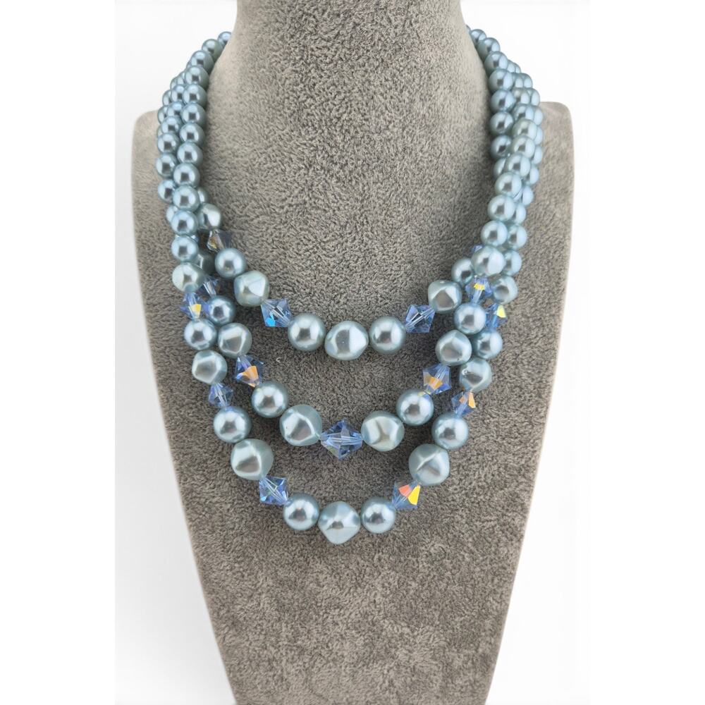 Japan Blue Faux Pearl Aurora Borealis Crystal 3 Strand Necklace VTG